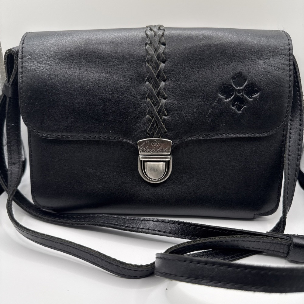 Patricia Nash Black Leather Crossbody Bag With Braided Detail & Adjustable Strap